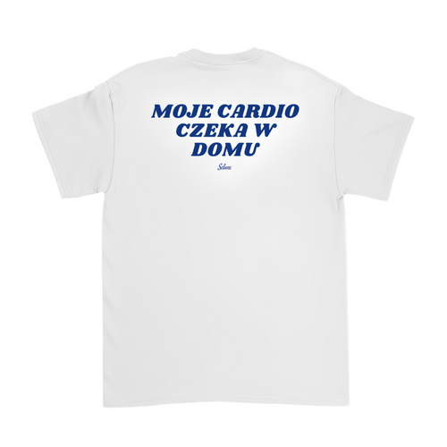 Biała koszulka z napisem „Moje Cardio Czeka w Domu” – Selune