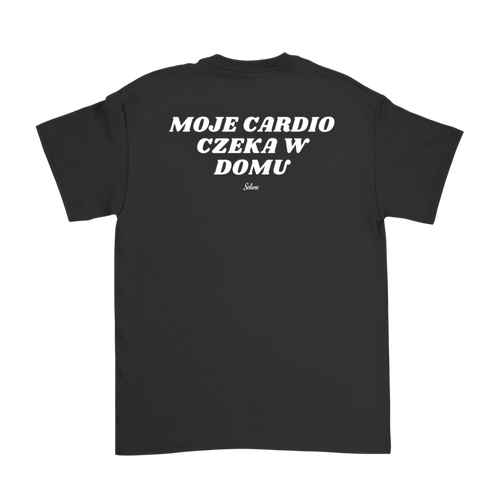Czarna koszulka z napisem „Moje Cardio Czeka w Domu” – Selune