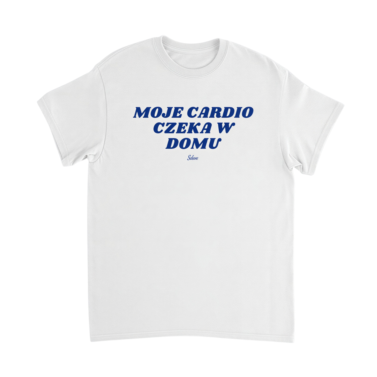 Biała koszulka z napisem „Moje Cardio Czeka w Domu” – nadruk z przodu – Selune