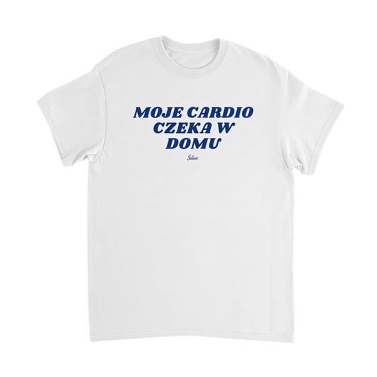 Biała koszulka z napisem „Moje Cardio Czeka w Domu” – nadruk z przodu – Selune