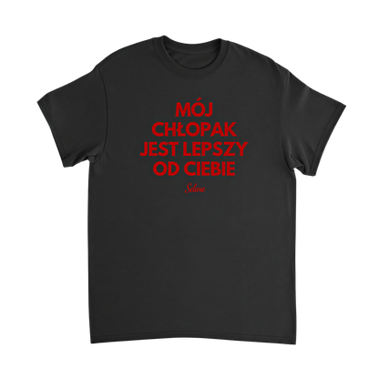 Czarna koszulka z napisem „Mój Chłopak Jest Lepszy od Ciebie” – nadruk z przodu – Selune
