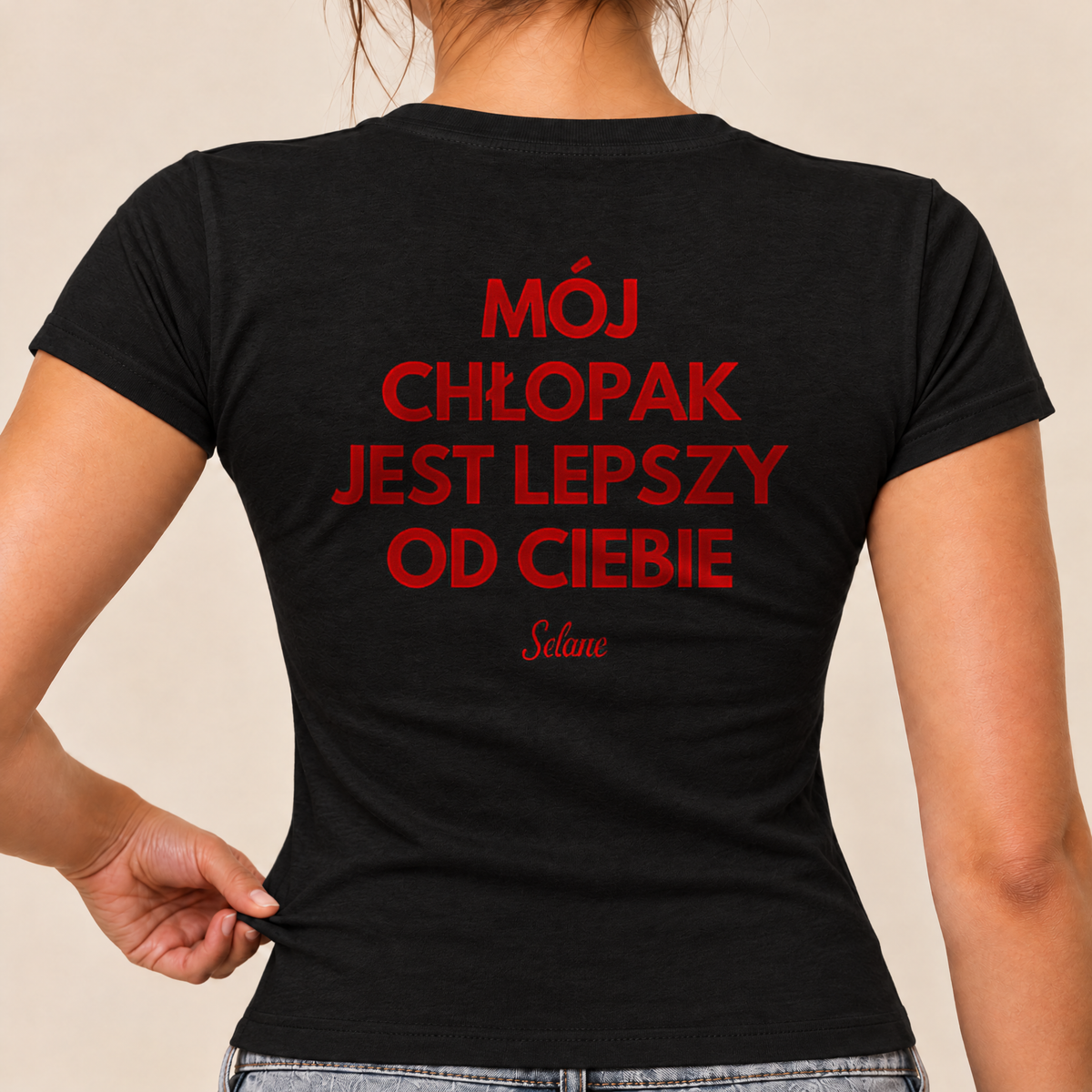 Koszulka damska baby tee Mój chłopak jest lepszy od ciebie, czarna, nadruk na plecach