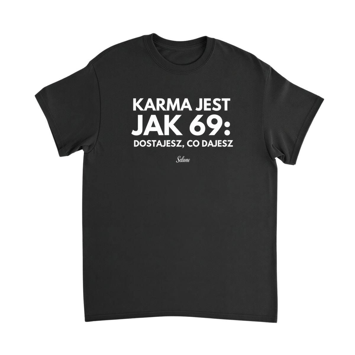 Czarna koszulka z napisem o karmie i 69 – nadruk z przodu – Selune