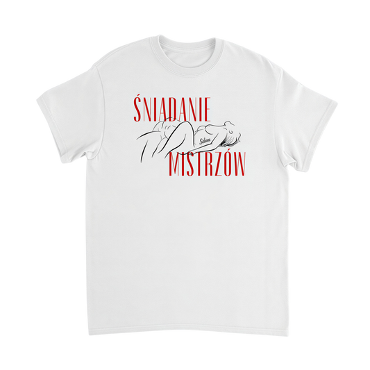Biała koszulka z ilustracją i napisem „Śniadanie Mistrzów” – nadruk z przodu – Selune